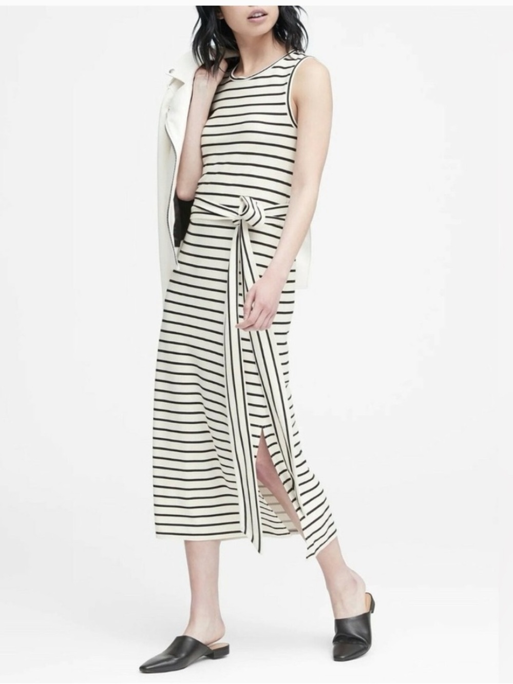 Banana Republic Striped Midi Dress Tie Waist Side Slit